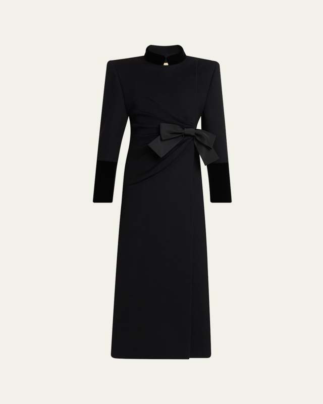Velvet Bow Double-Breasted Wool-Cashmere Long Coat